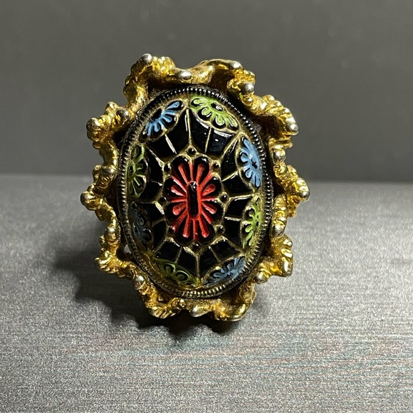 Estate Jewelry - Moroccan Glass Lg Cabochon Gold Tone Leaves Vintage Adjustable Ring Sz 7